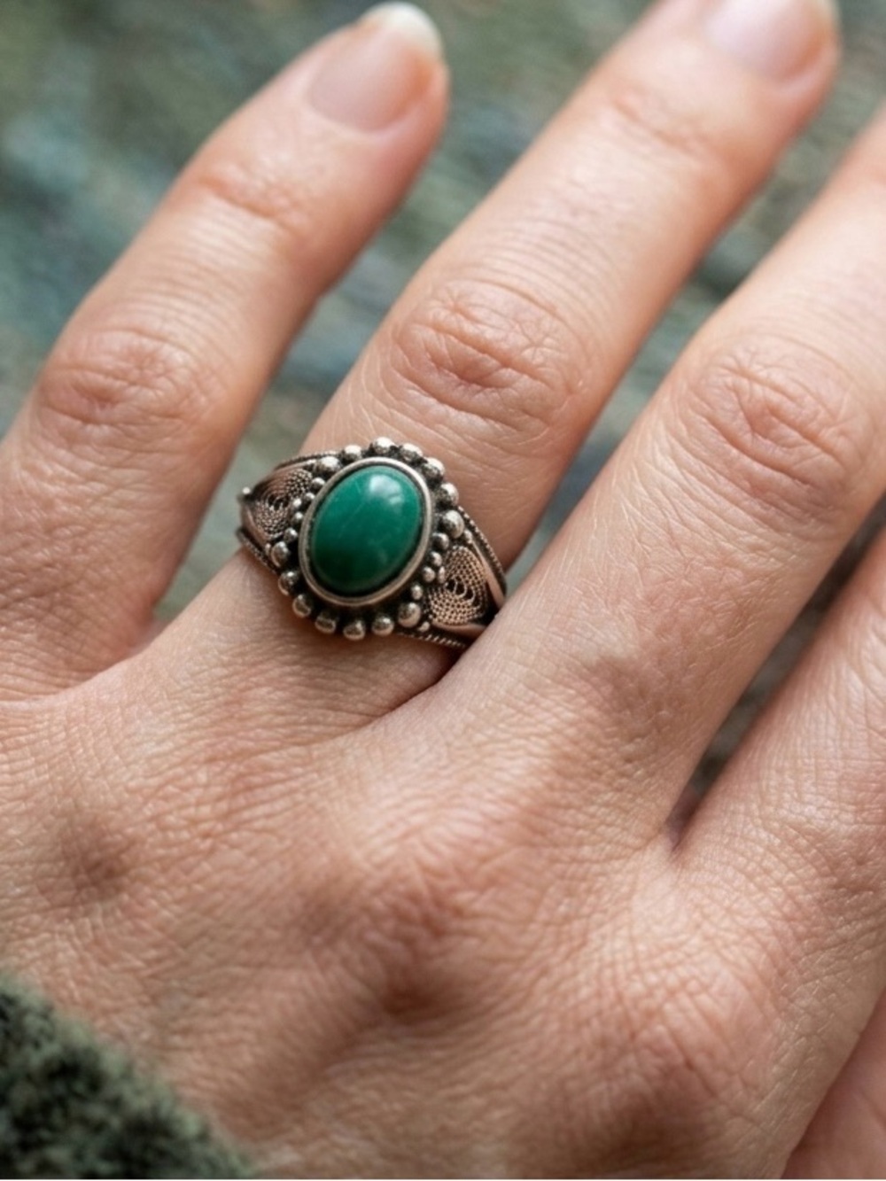 Vintage Sterling Silver Malachite 925 Size 7 Ring 3.5g 8mm Dressy Gemstone
